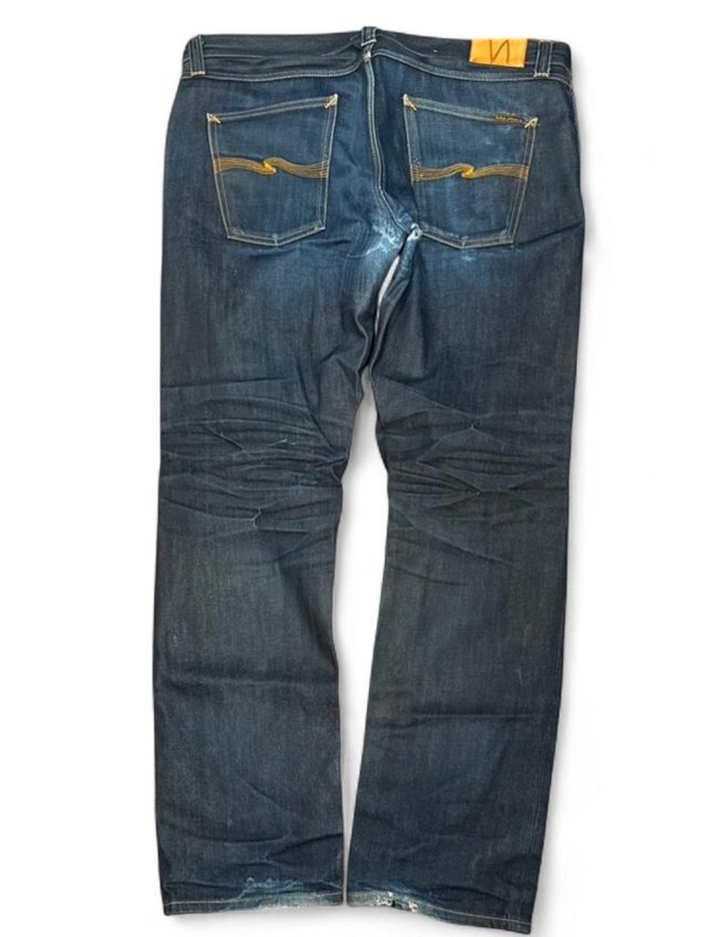 Y2K Nudie Jeans Navy Indigo Patched Faded Straight Jeans